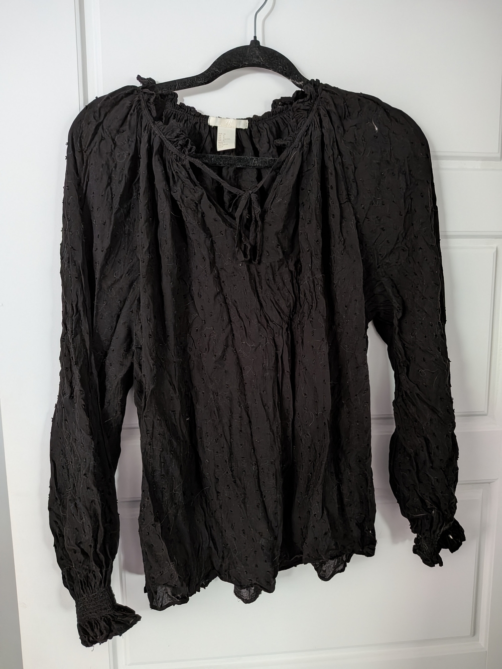 H&M Black Textured Peasant Blouse with Tie Neck